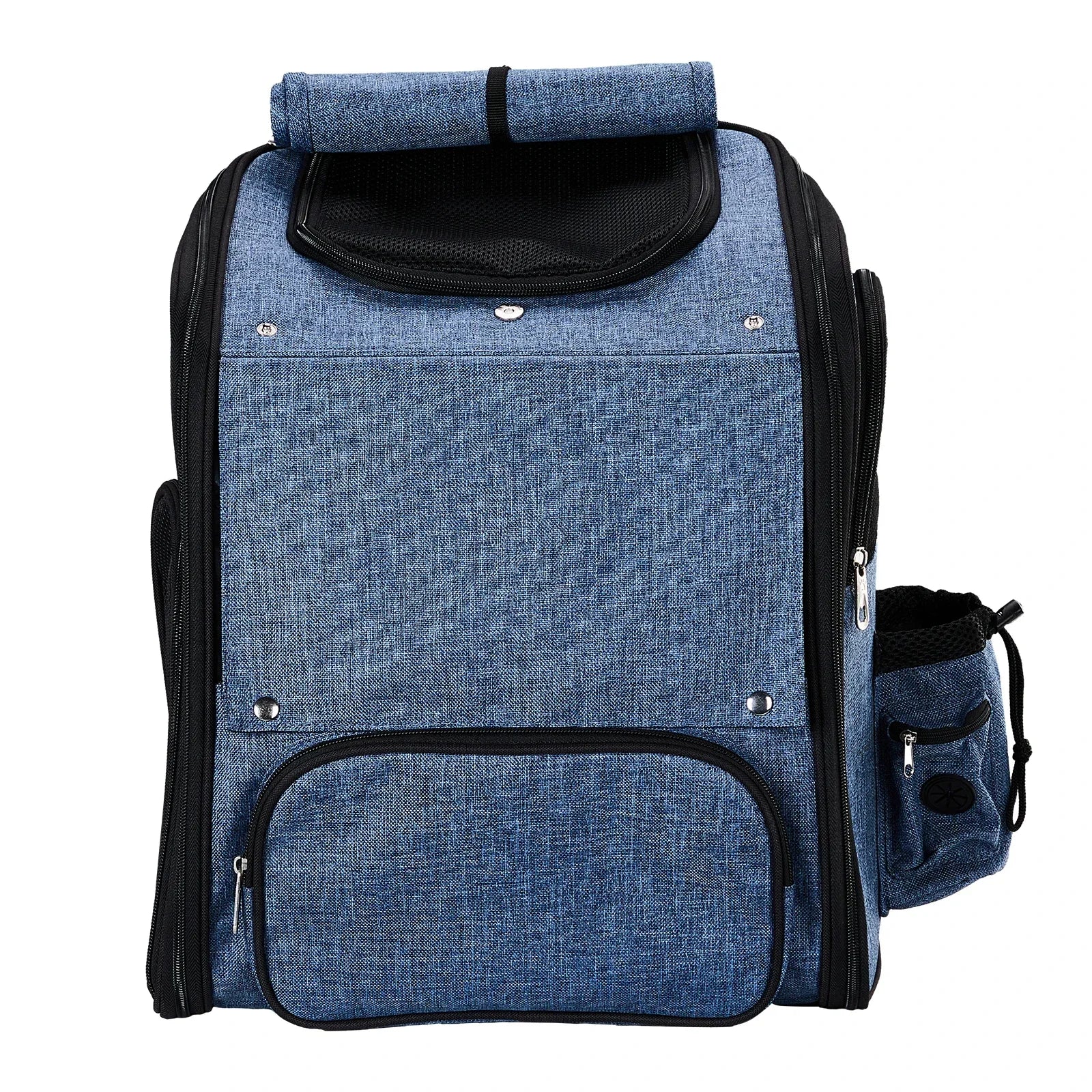 Blue backpack with black accents on a white background