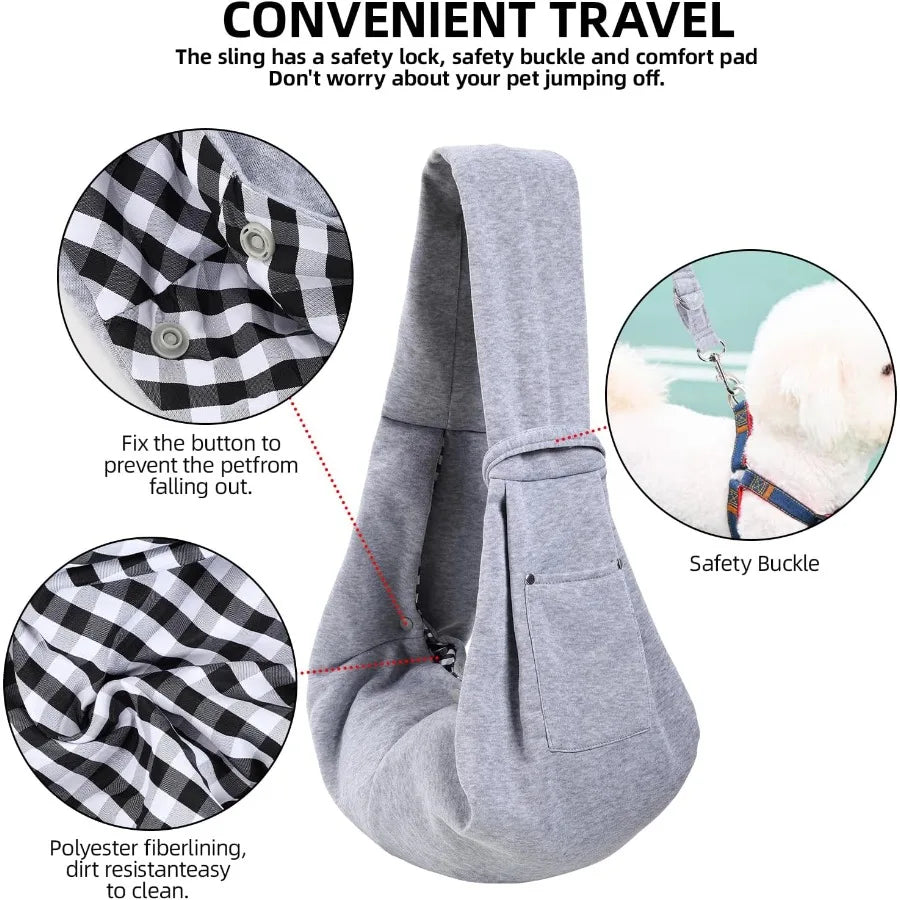 Gray pet sling with safety lock, buckle, and comfort pad features on a white background
