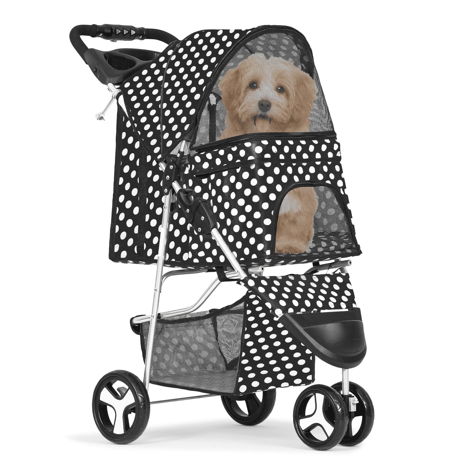 Pet stroller with a dog inside, featuring a polka dot pattern on a white background