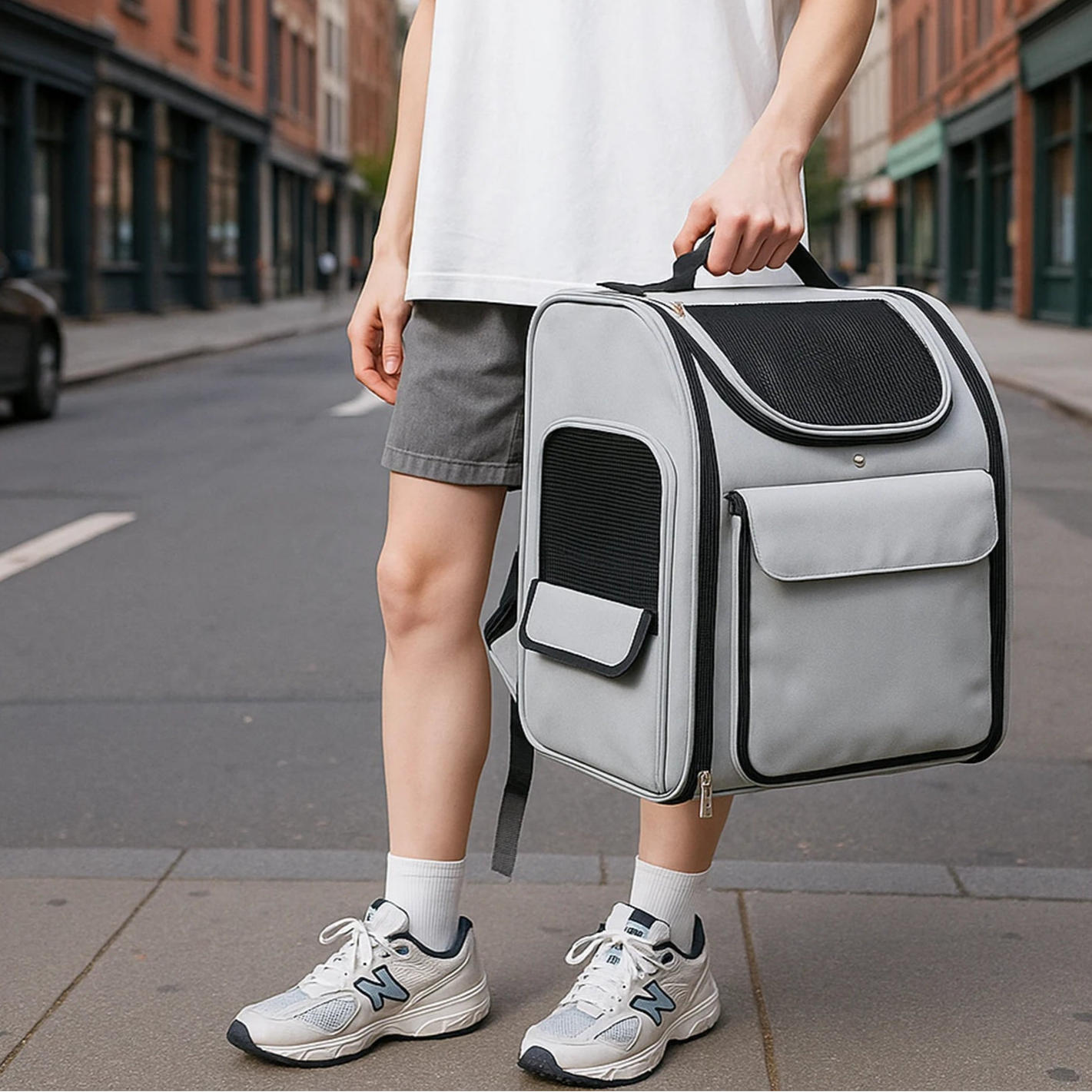 Person holding a gray pet carrier on a city street