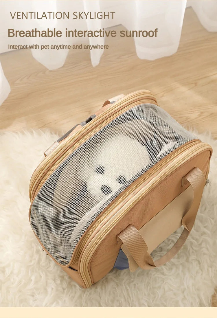 Pet carrier with a small white dog inside, on a light wooden floor.