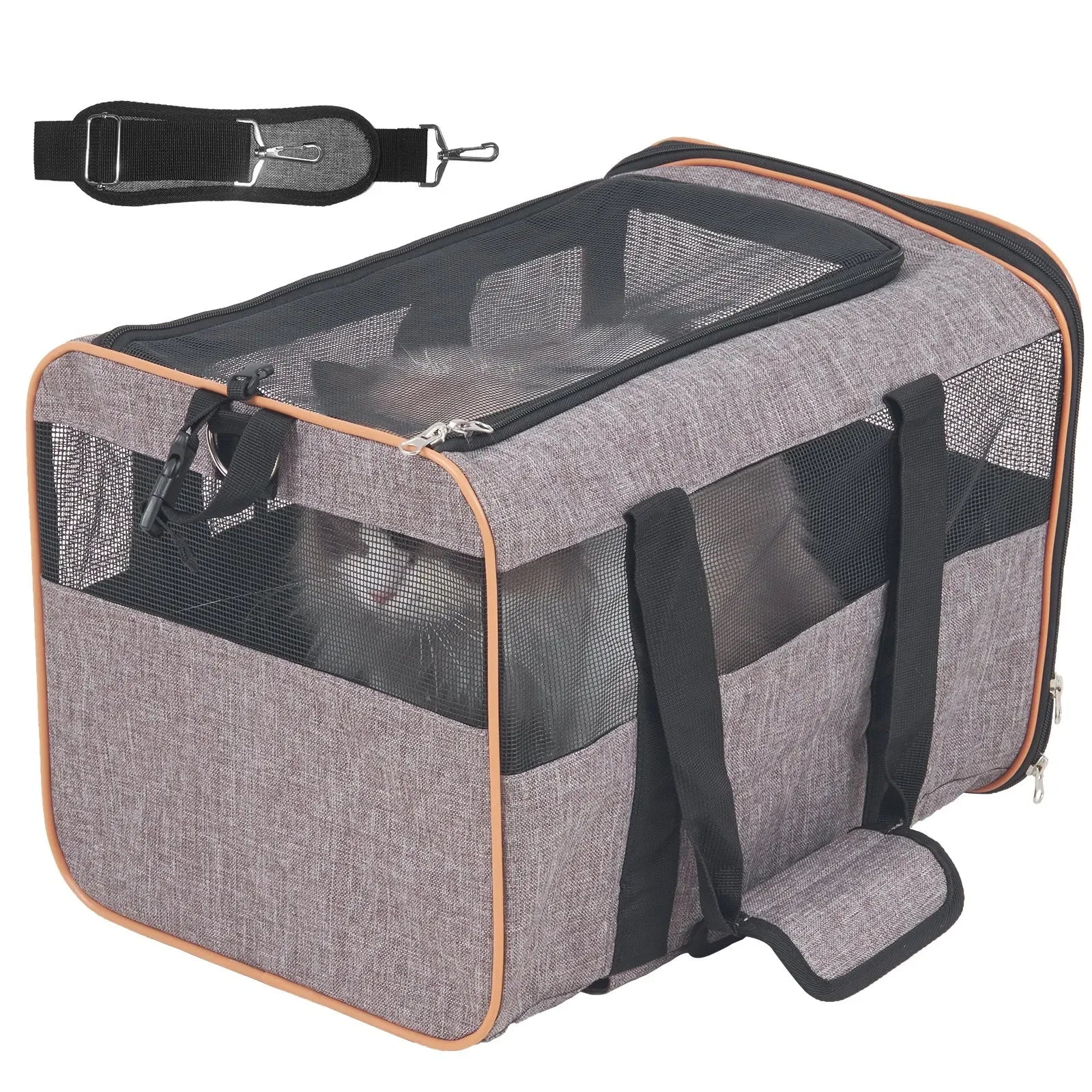 Gray pet carrier with black mesh sides and wheels on a white background