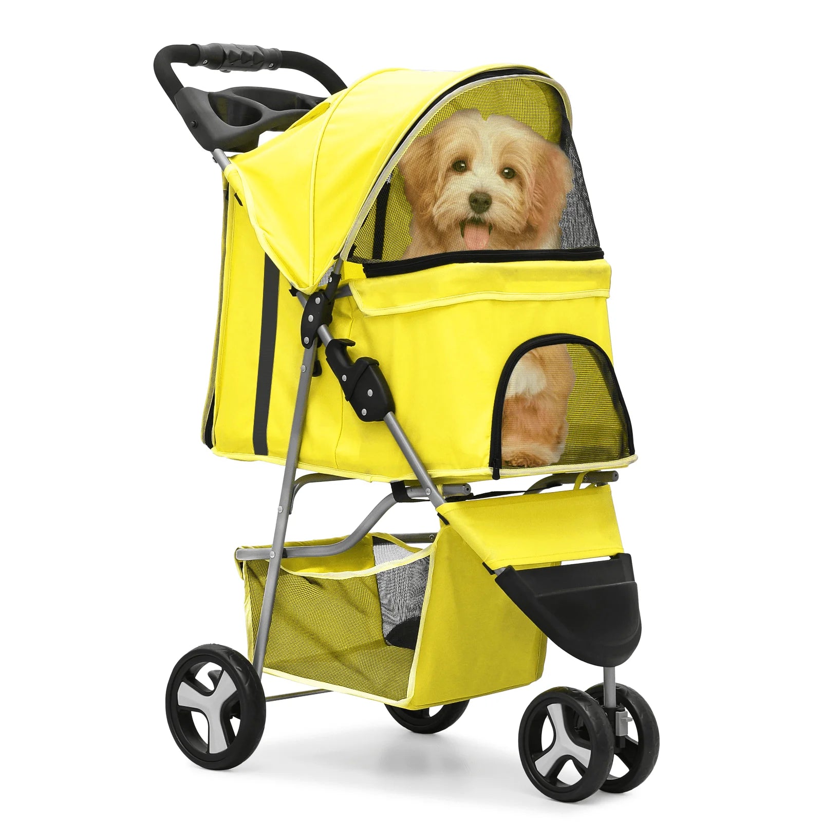 Yellow pet stroller with a dog inside on a white background