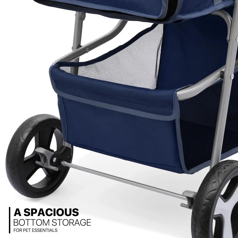 Navy blue pet stroller with spacious bottom storage on a white background