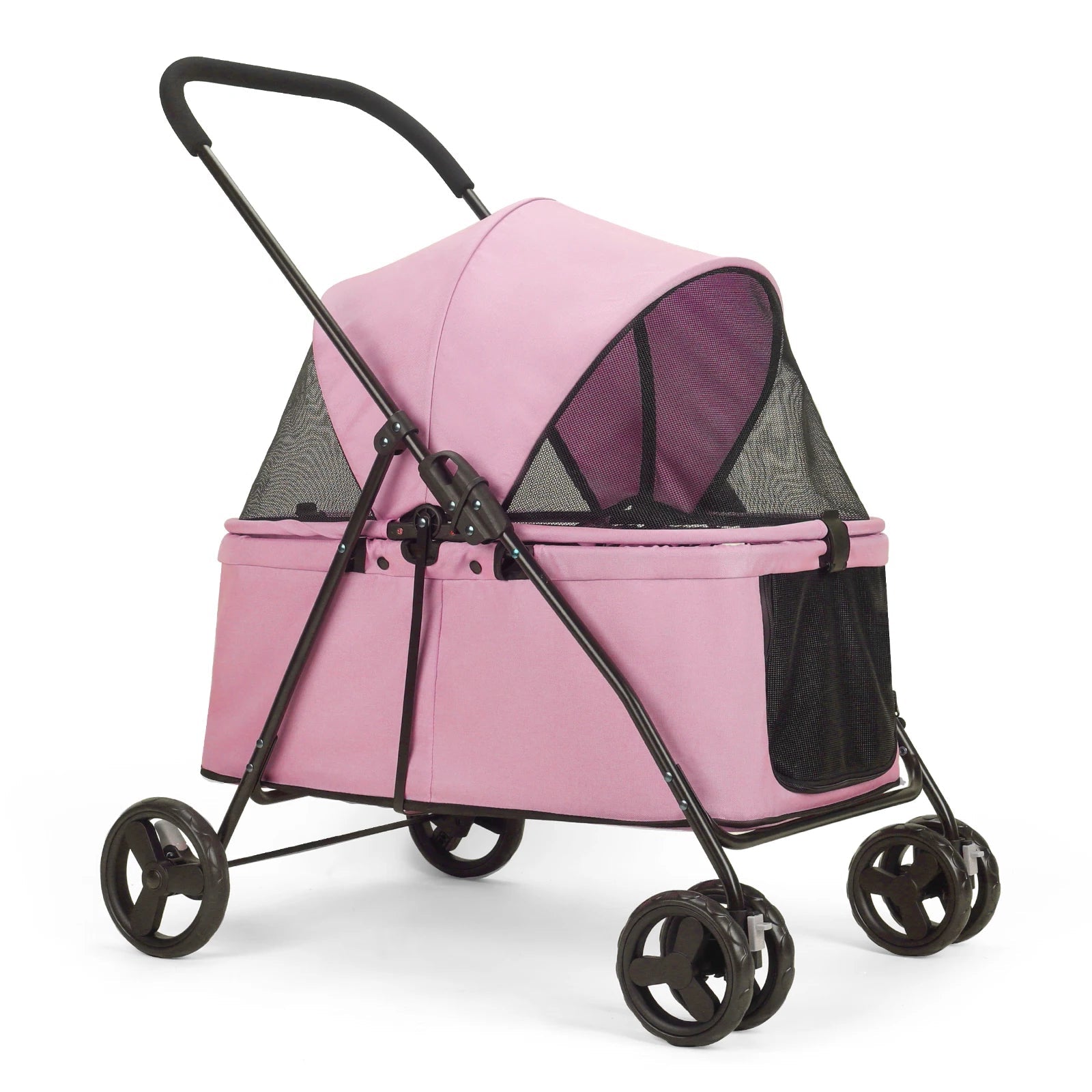 Pink pet stroller with black wheels and frame on a white background