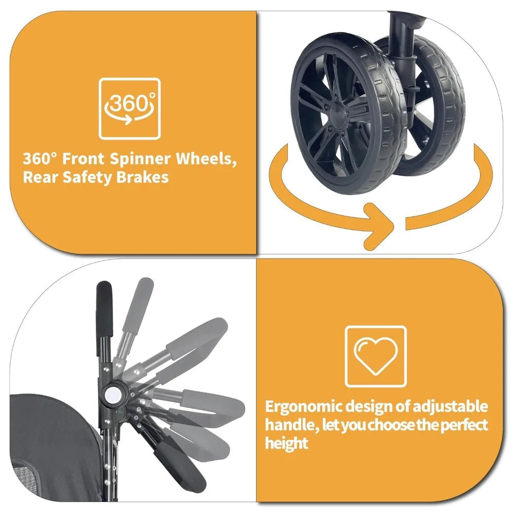 Stroller features with 360-degree front spinner wheels and rear safety brakes, adjustable handle, on an orange background.