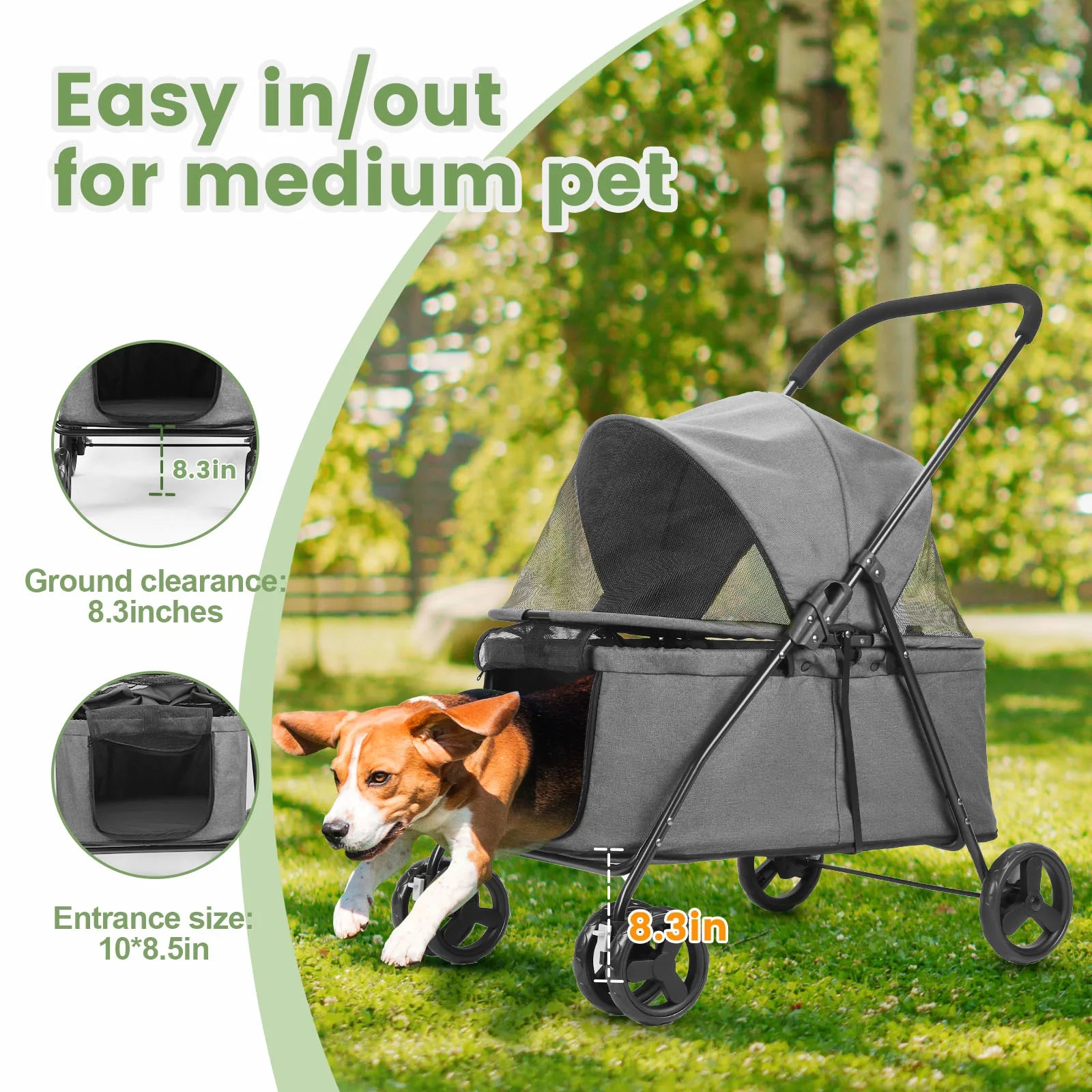 Pet stroller with a dog inside, set against a natural background