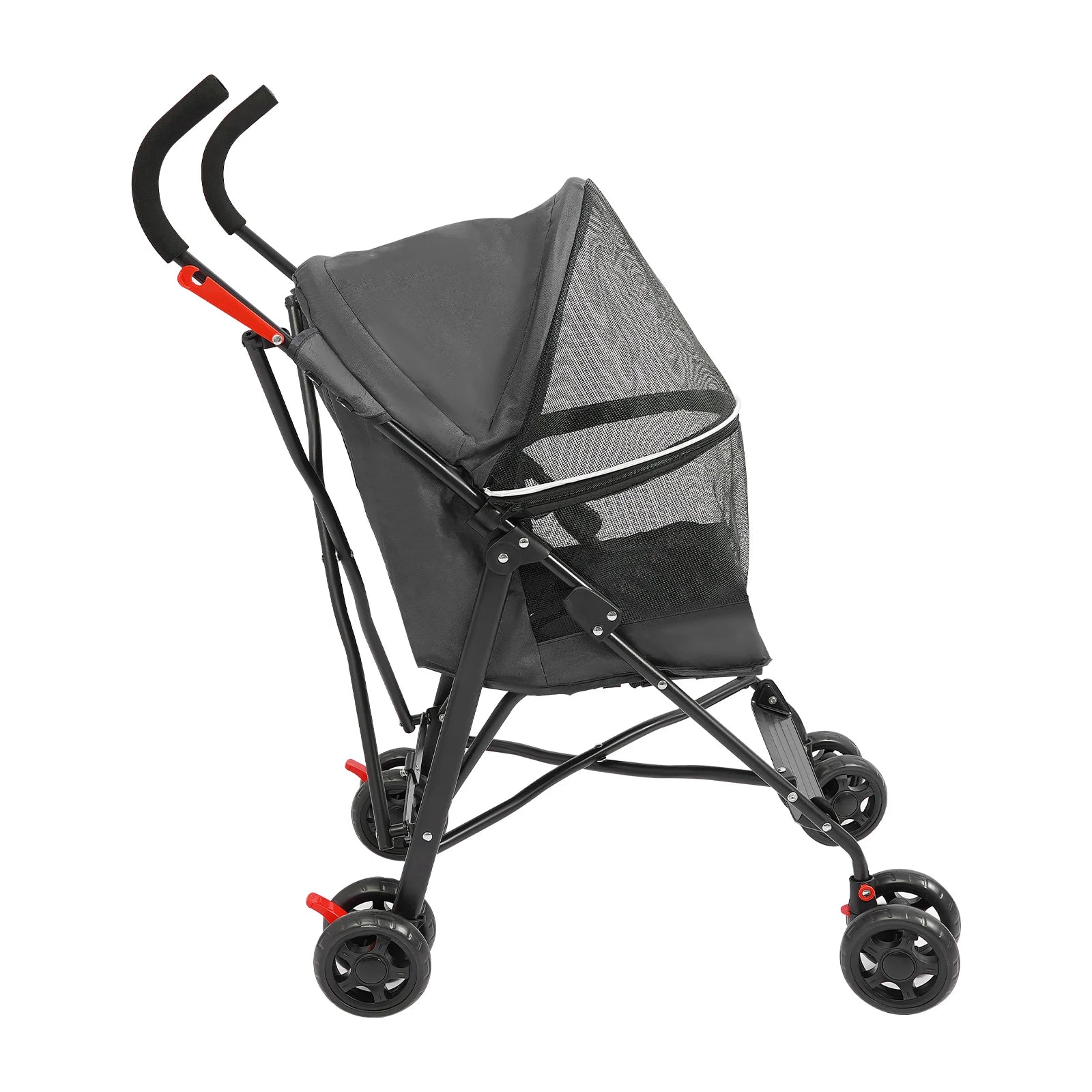 Black pet stroller with a mesh back on a white background