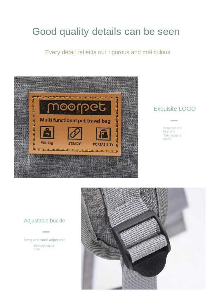 Gray pet travel bag with Moorpet label and adjustable buckle on a white background