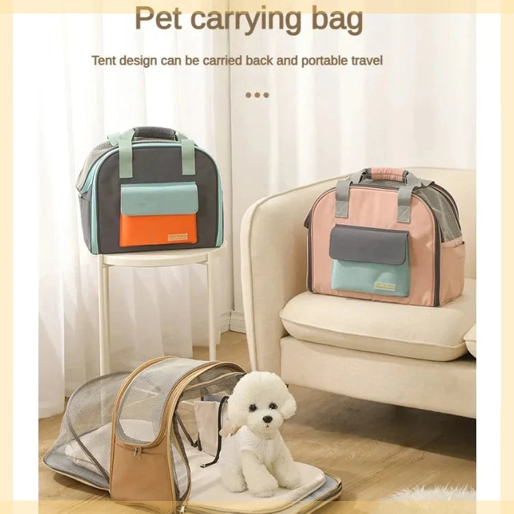 Pet carrying bags with a tent design, one on a chair and another on a floor with a dog inside.