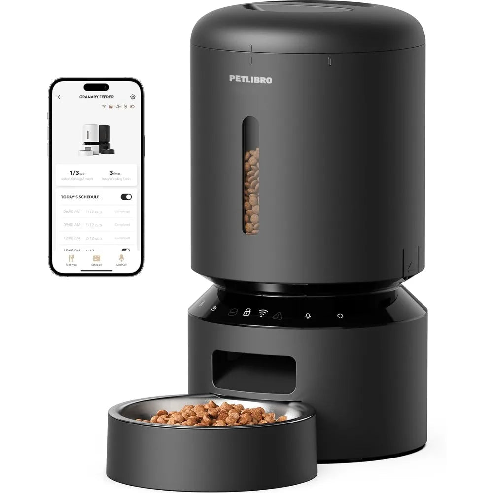 Black pet feeder with app interface on a white background