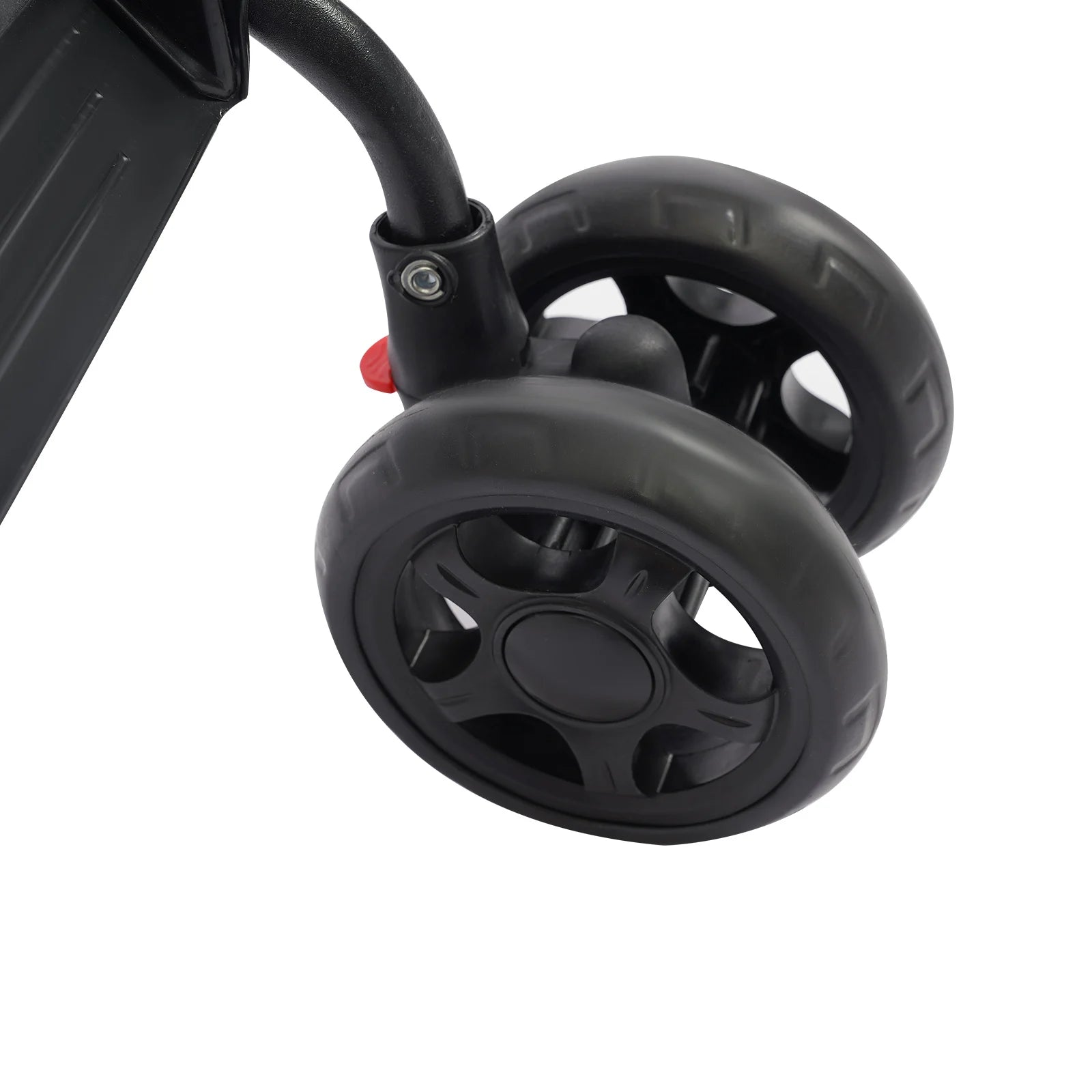 Close-up of black wheels on a golf trolley with a white background