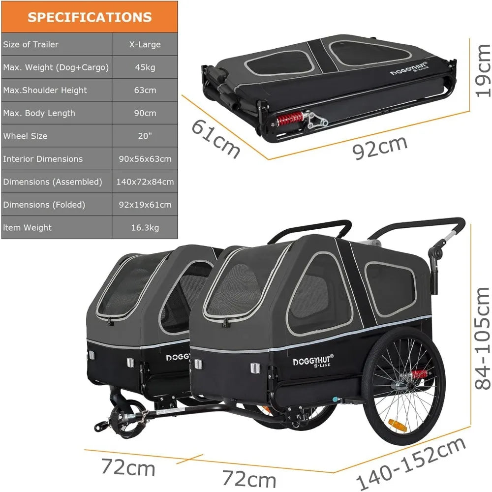 DoggyRide bike trailer with dimensions and specifications displayed.