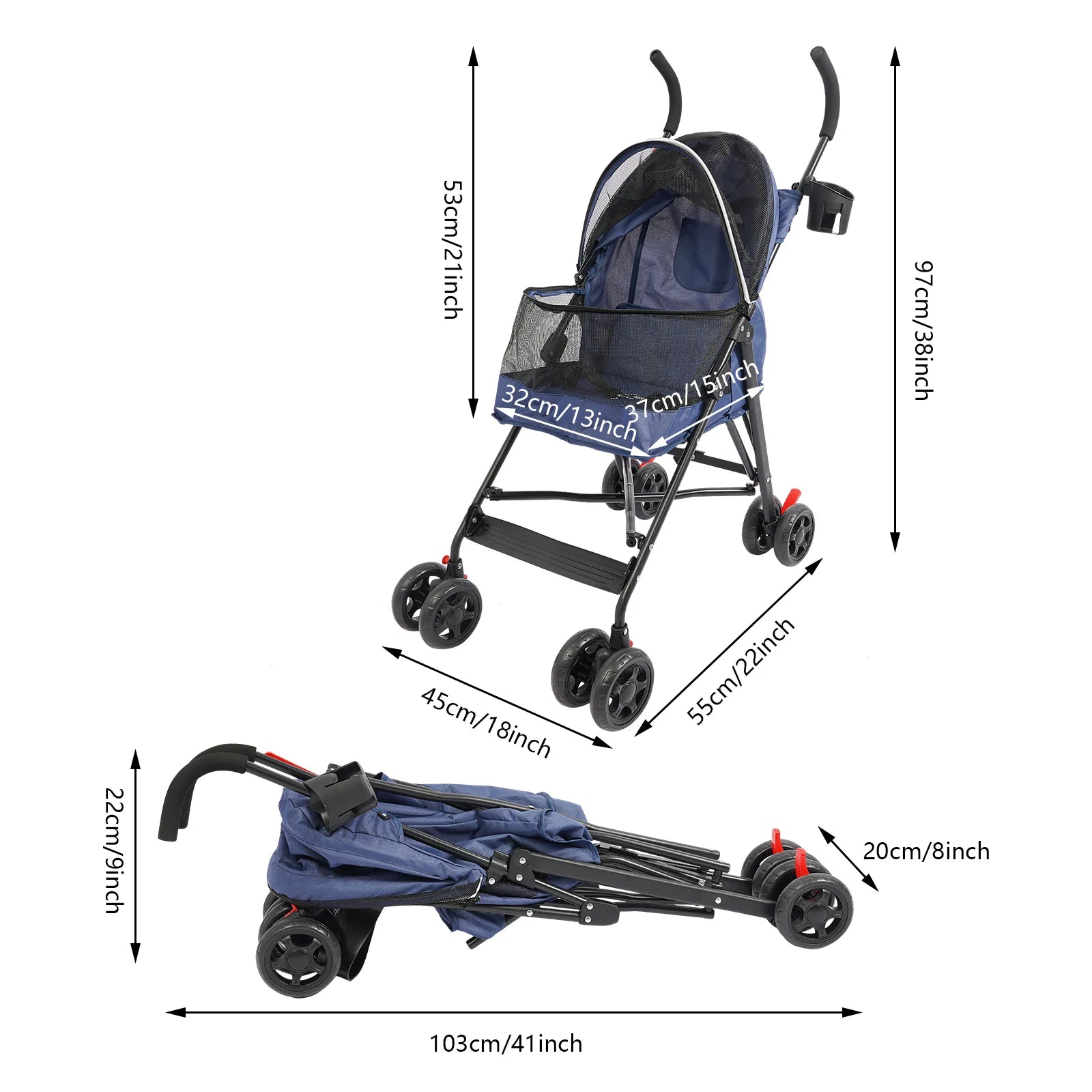 Dimensions of a blue pet stroller with measurements indicated.