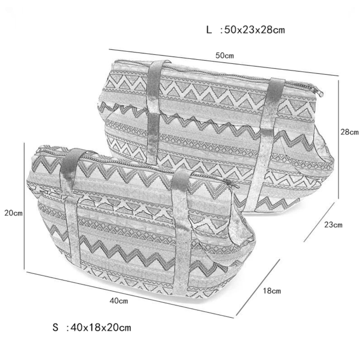 Two patterned bags with dimensions indicated on a white background
