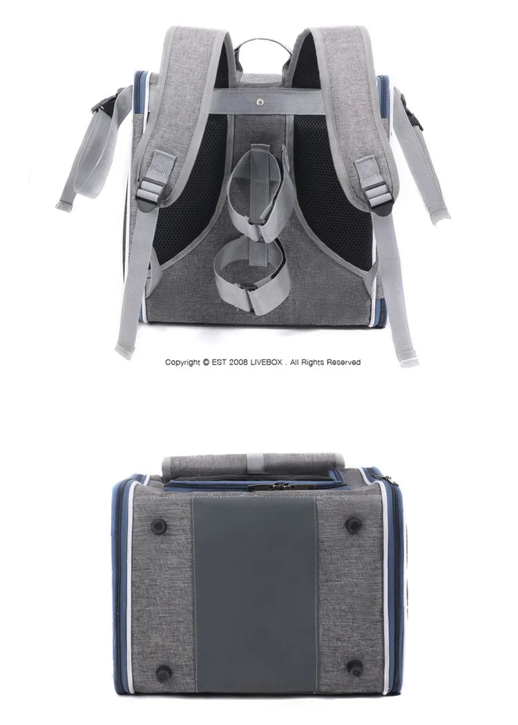 Gray pet carrier with a harness on a white background
