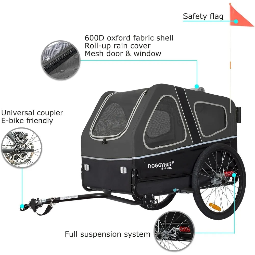 DoggyHut bike trailer with features highlighted on a white background