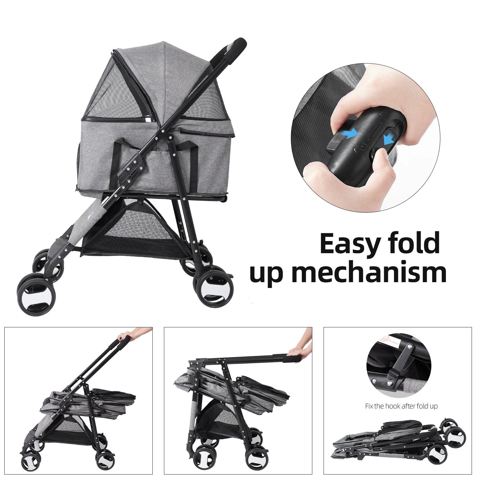 Pet stroller with easy fold-up mechanism and close-up of handle details.