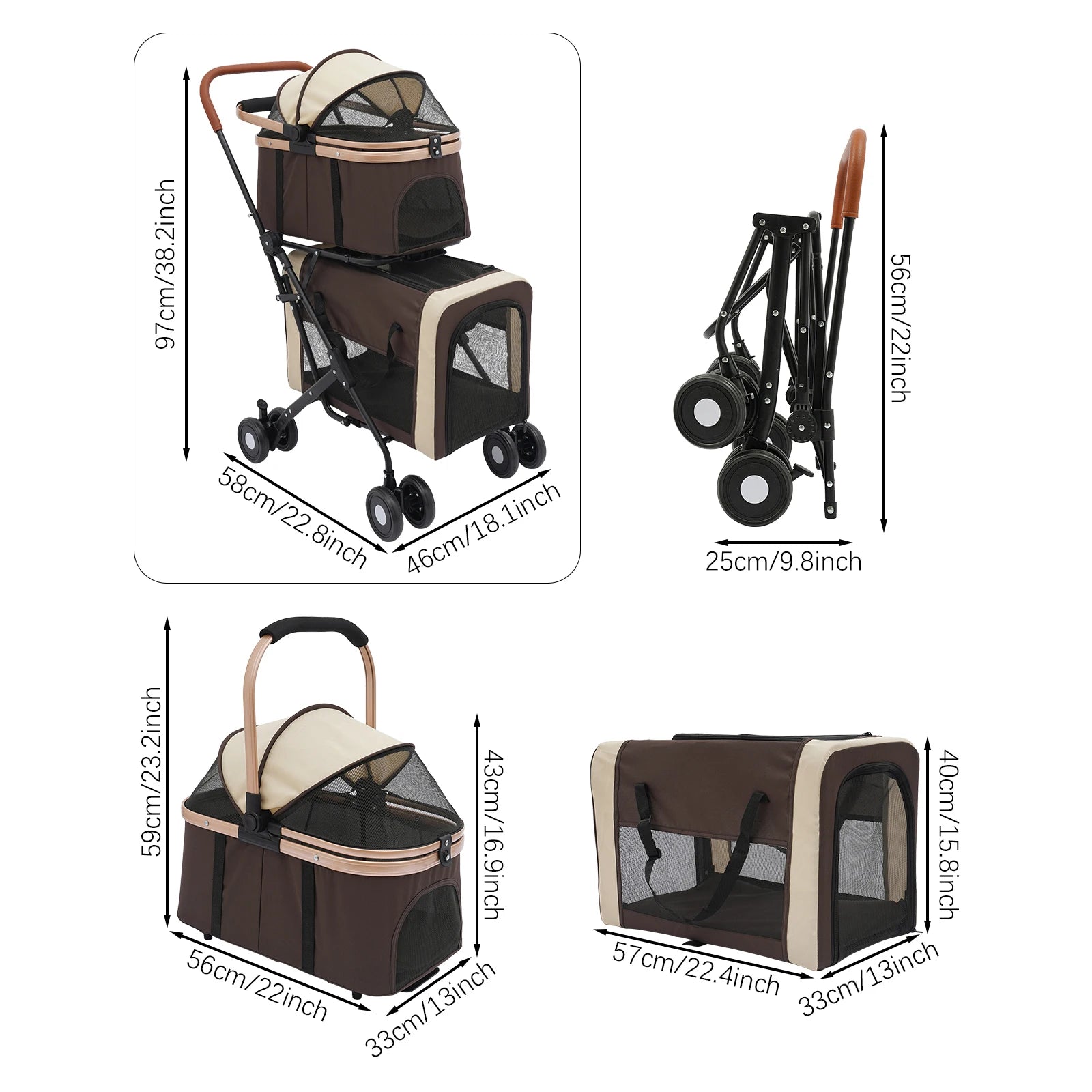 Pet stroller with dimensions displayed on a white background