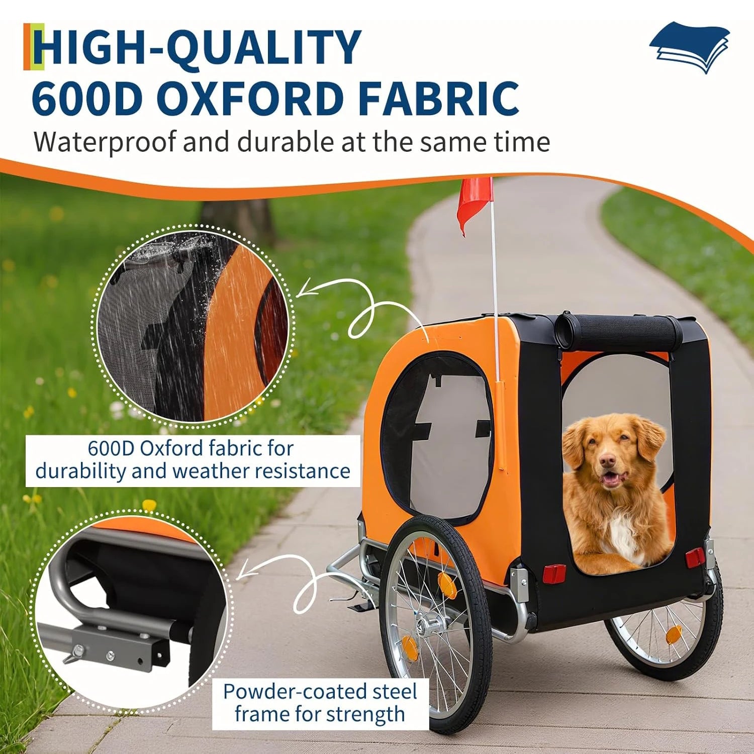 Dog bike trailer with 600D Oxford fabric and powder-coated steel frame, on a grassy path.