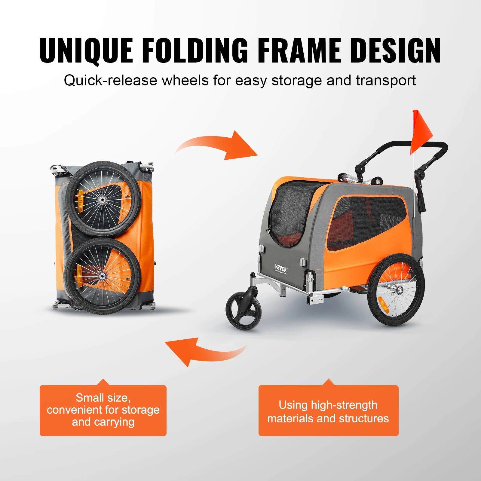Orange and gray pet stroller with quick-release wheels on a white background