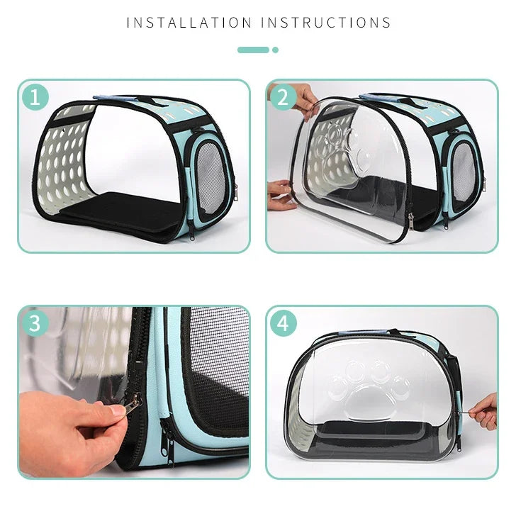 Step-by-step installation instructions for a pet carrier with clear panels.