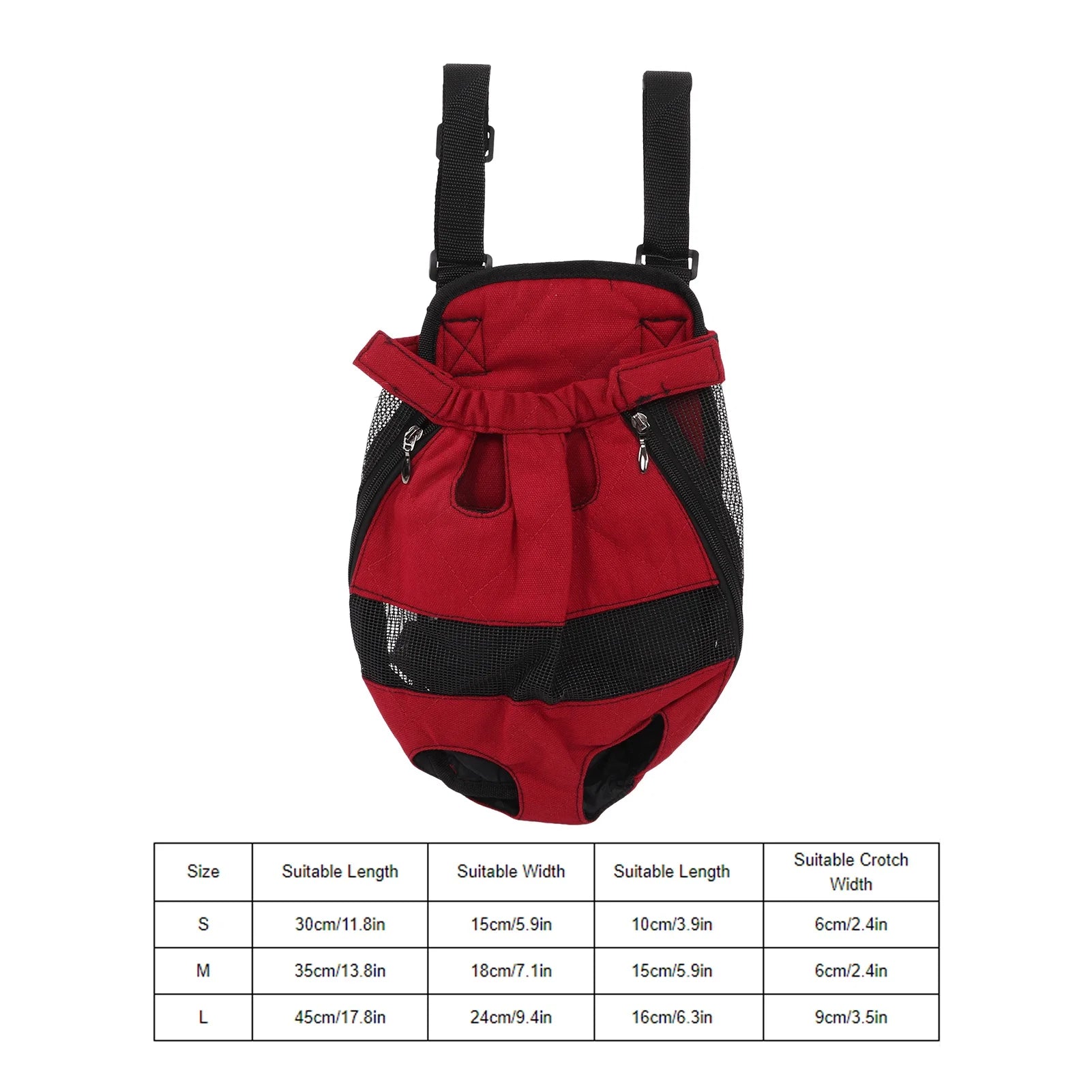 Red and black pet carrier with size chart on a white background
