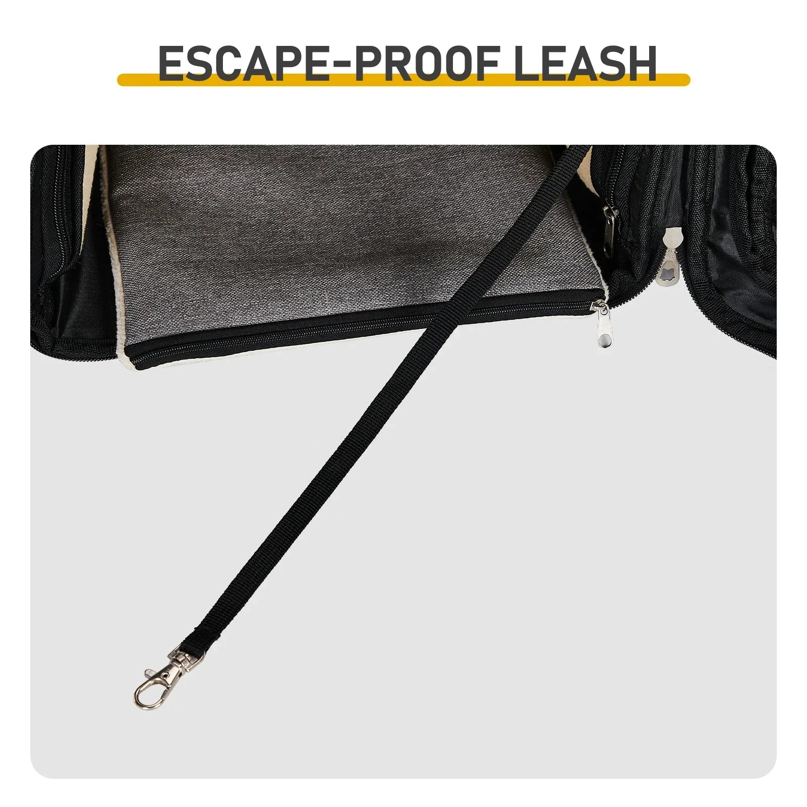 Escape-proof leash attached to a bag on a white background