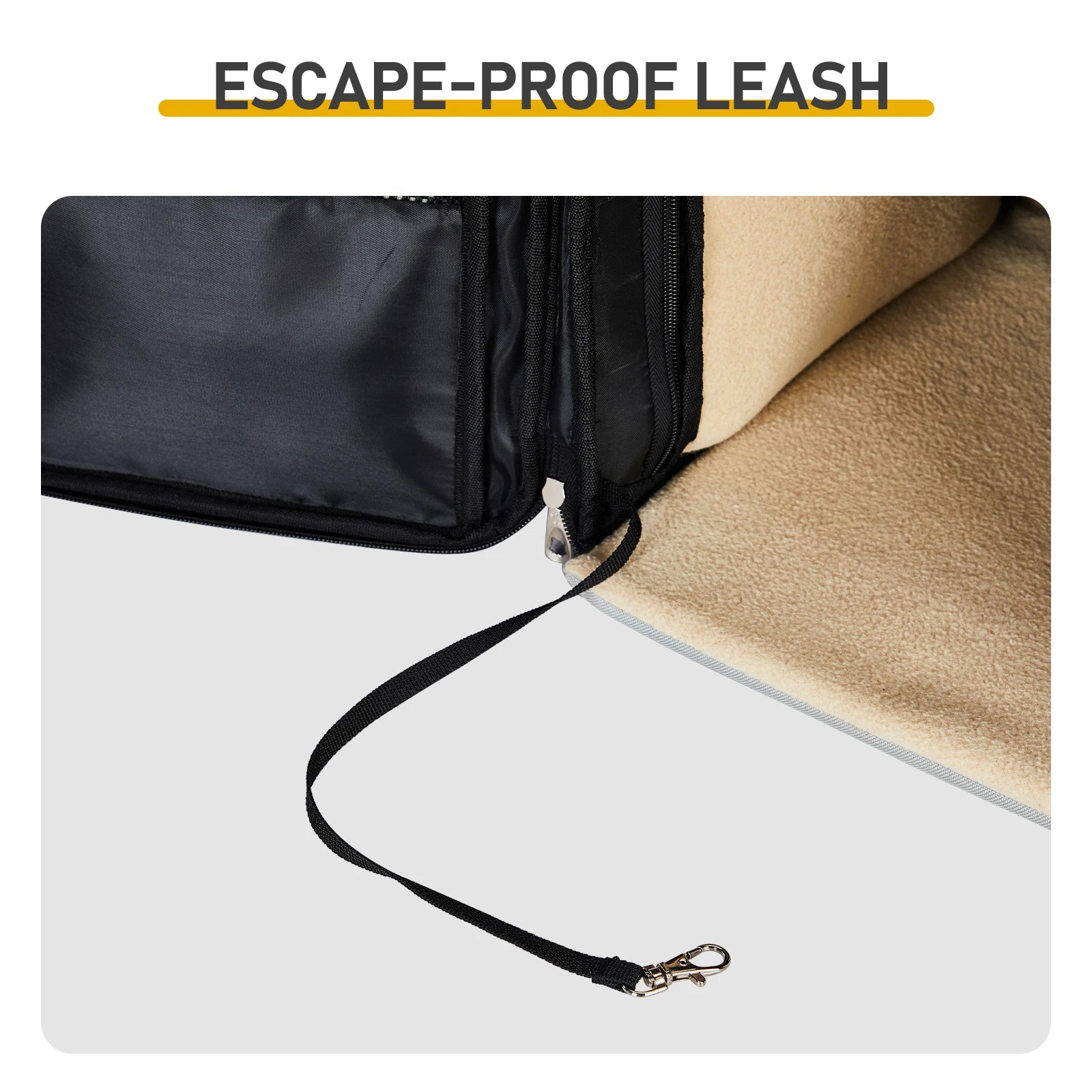 Black escape-proof leash on a white background with text 'Escape-Proof Leash'.