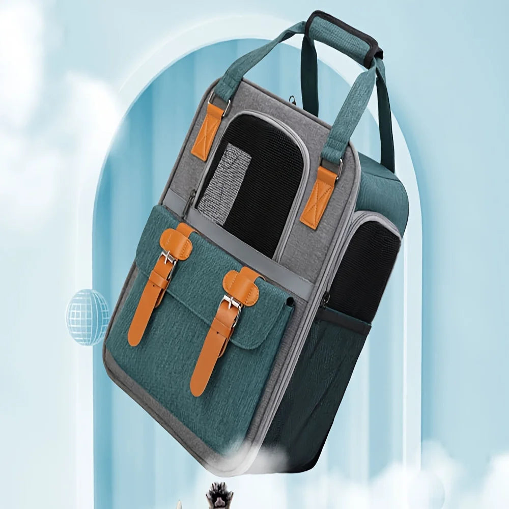 Pet carrier backpack with teal and gray design on a light blue background