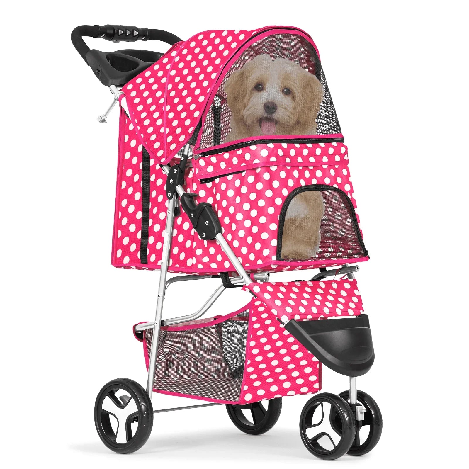 Pink polka dot pet stroller with a dog inside on a white background
