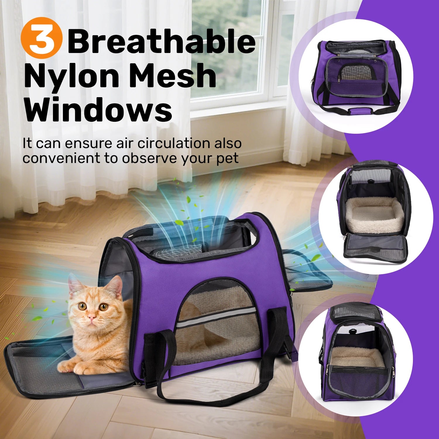 Purple pet carrier with breathable nylon mesh windows, featuring a cat inside, on a light wood floor.