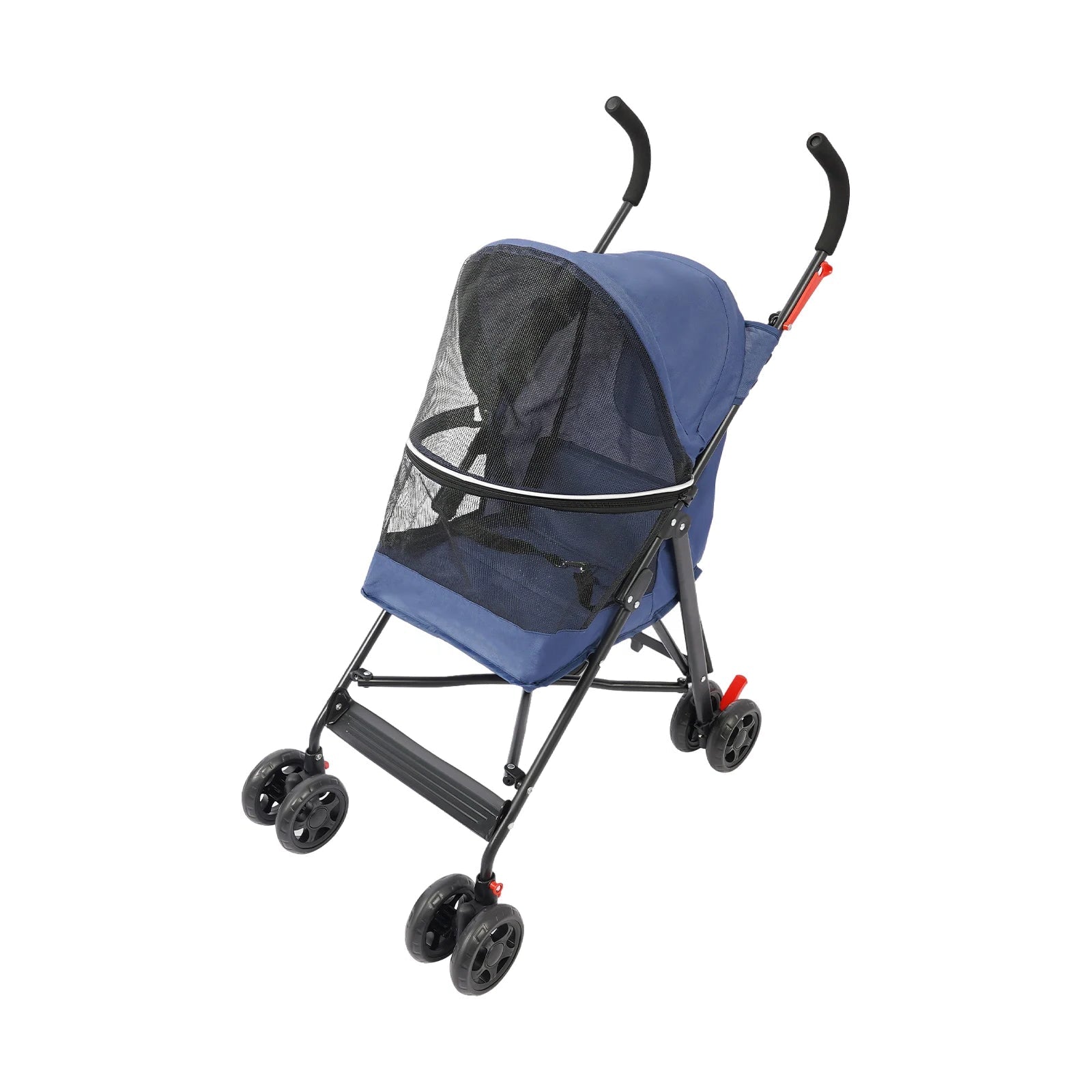 Blue pet stroller with mesh sides on a white background