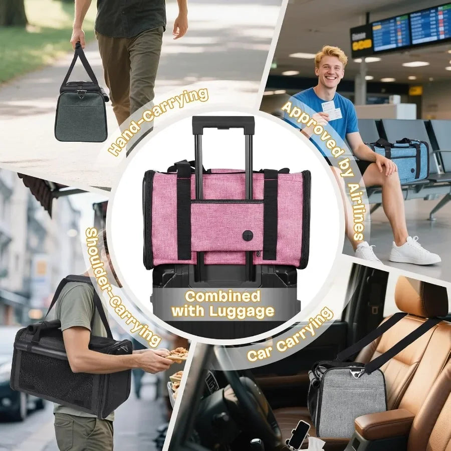 Pink travel bag with multiple carrying options shown in various settings.