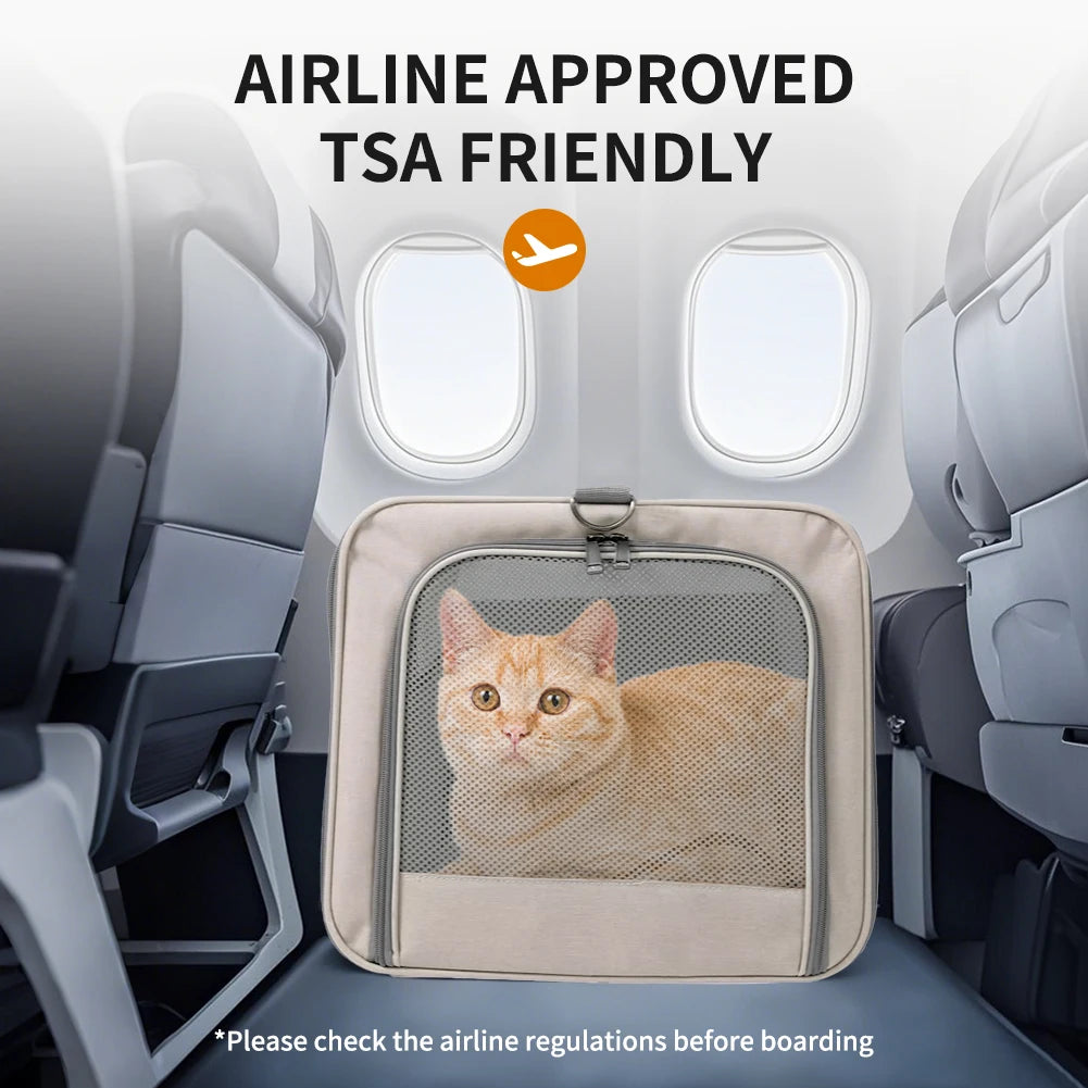 Pet carrier for cats inside an airplane seat with 'Airline Approved TSA Friendly' text.