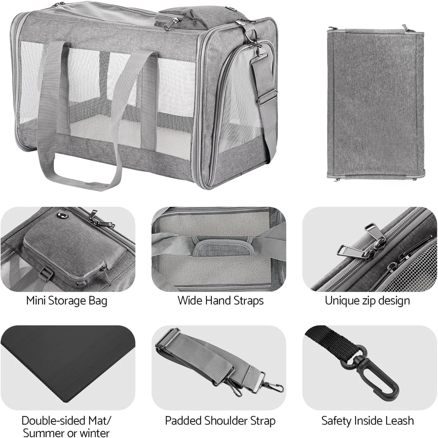 Collage of a gray pet carrier with various features highlighted on a white background.