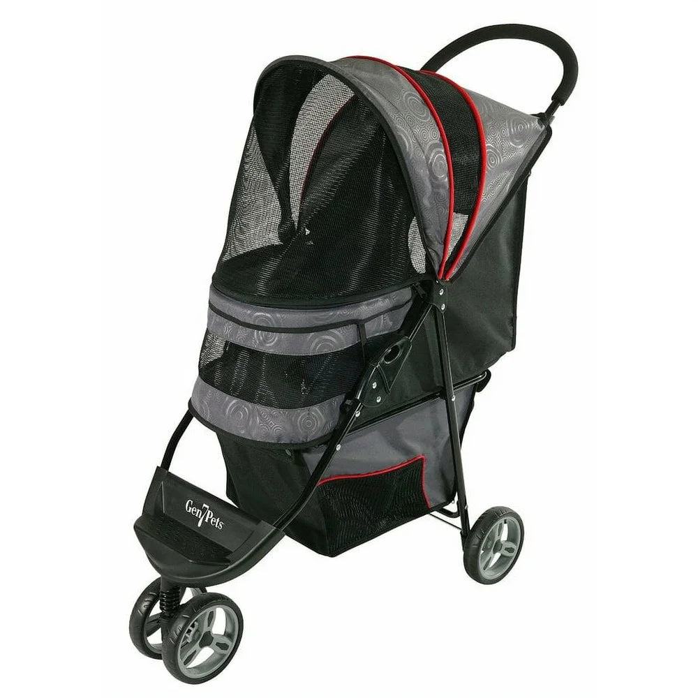 Pet stroller with black and gray design on a white background