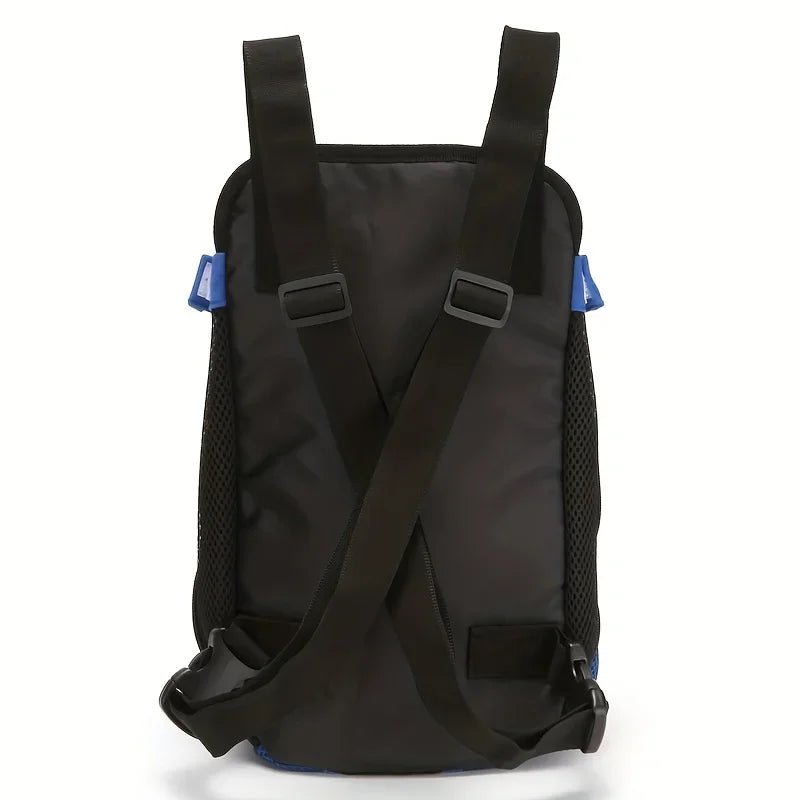 Black backpack with blue accents on a white background