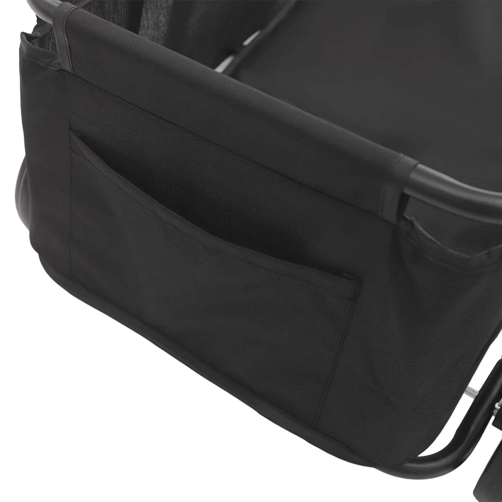 Black stroller seat cover on a white background