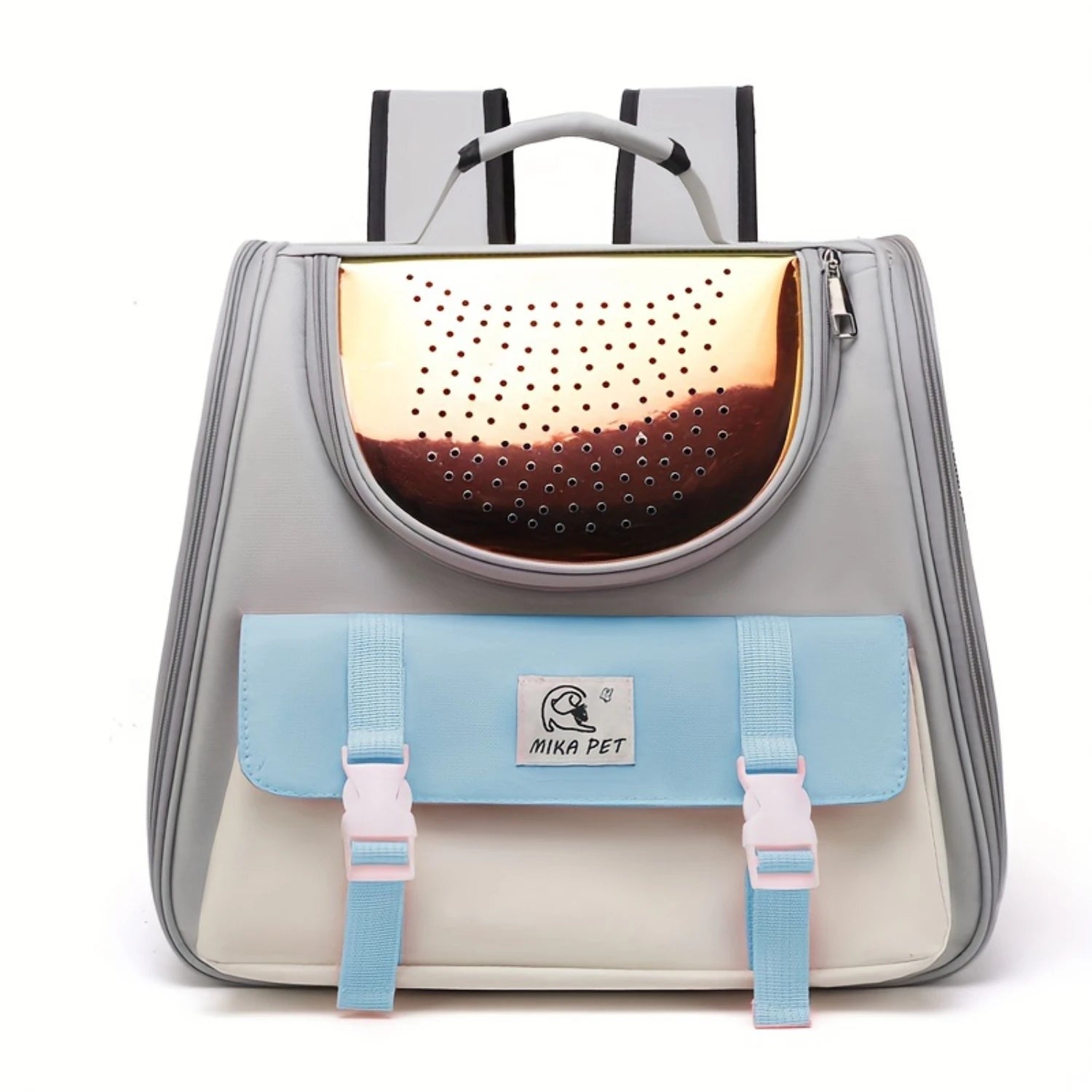 Pet carrier with a transparent front panel, light blue straps, and 'Mika Pet' branding.
