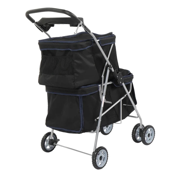 Black pet stroller with wheels on a white background