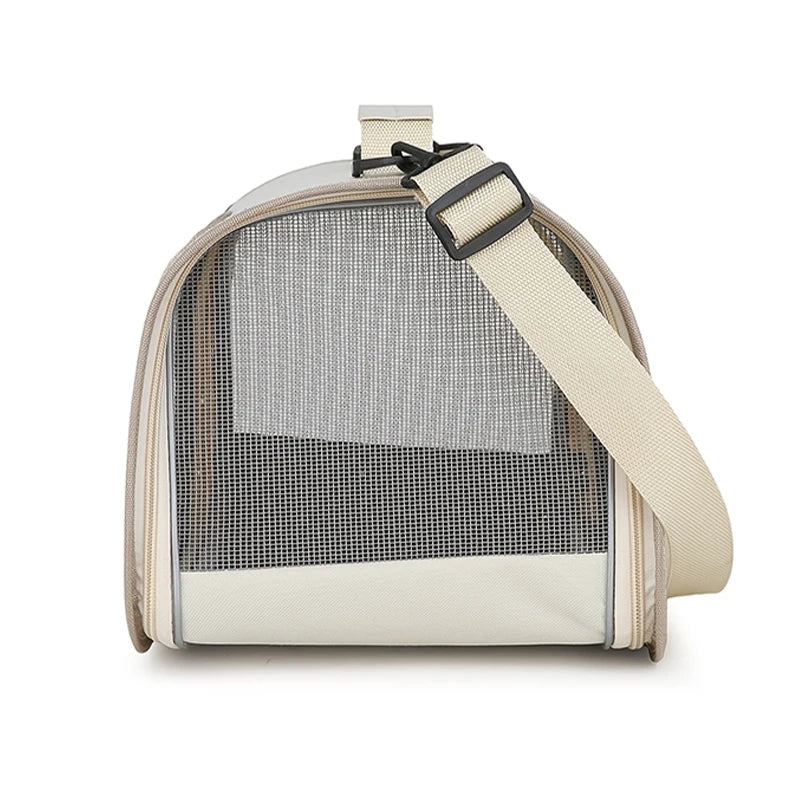 Beige pet carrier with mesh side on a white background