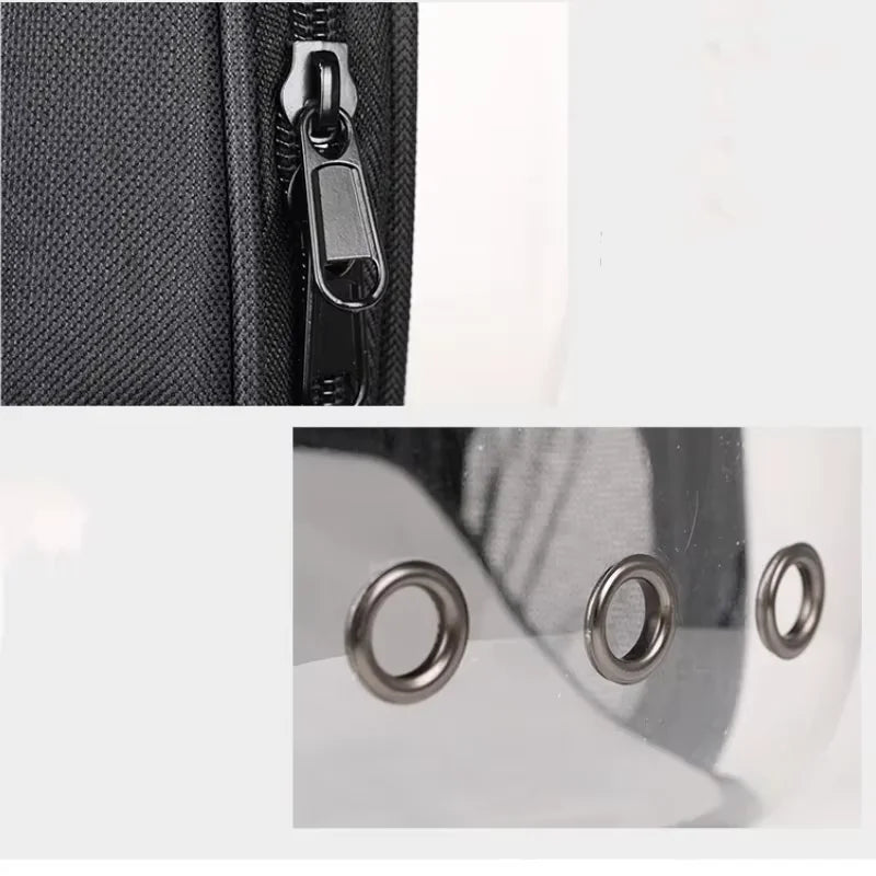 Close-up of a zipper on a black bag and metal grommets on clear plastic.