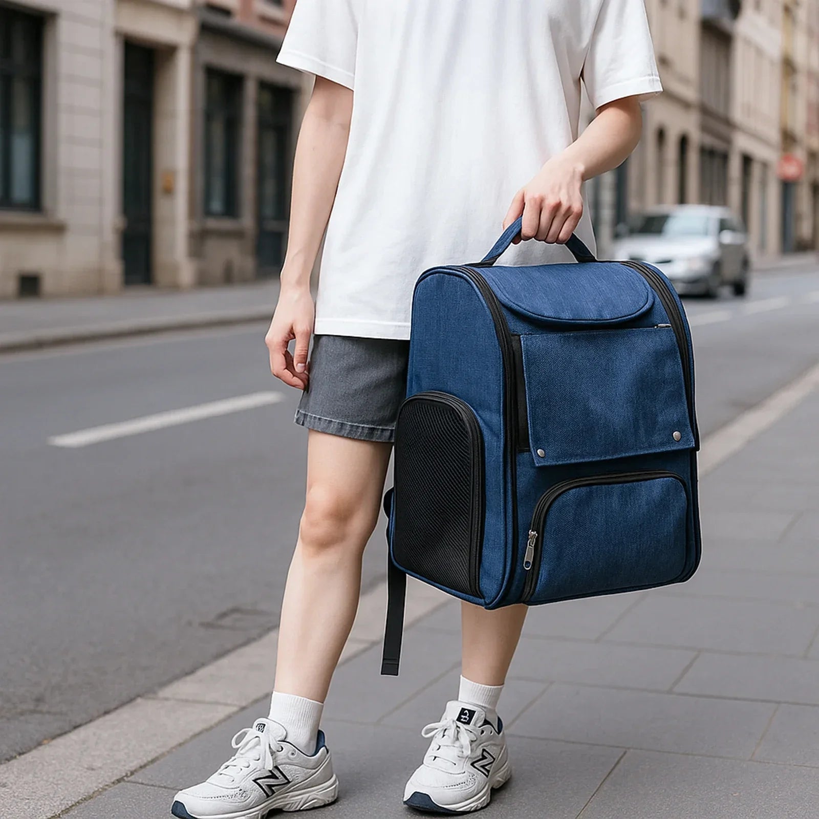 Person holding a blue pet carrier on a city street