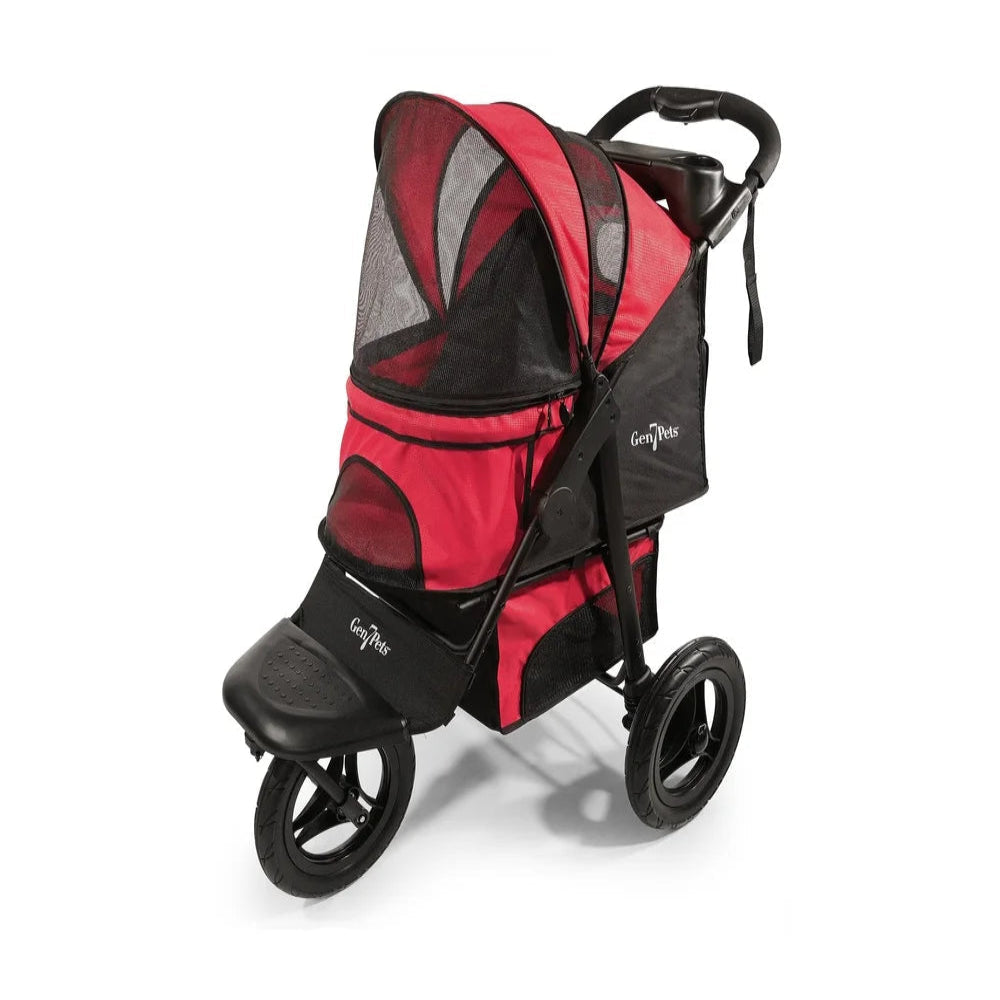 Red and black pet stroller on a white background