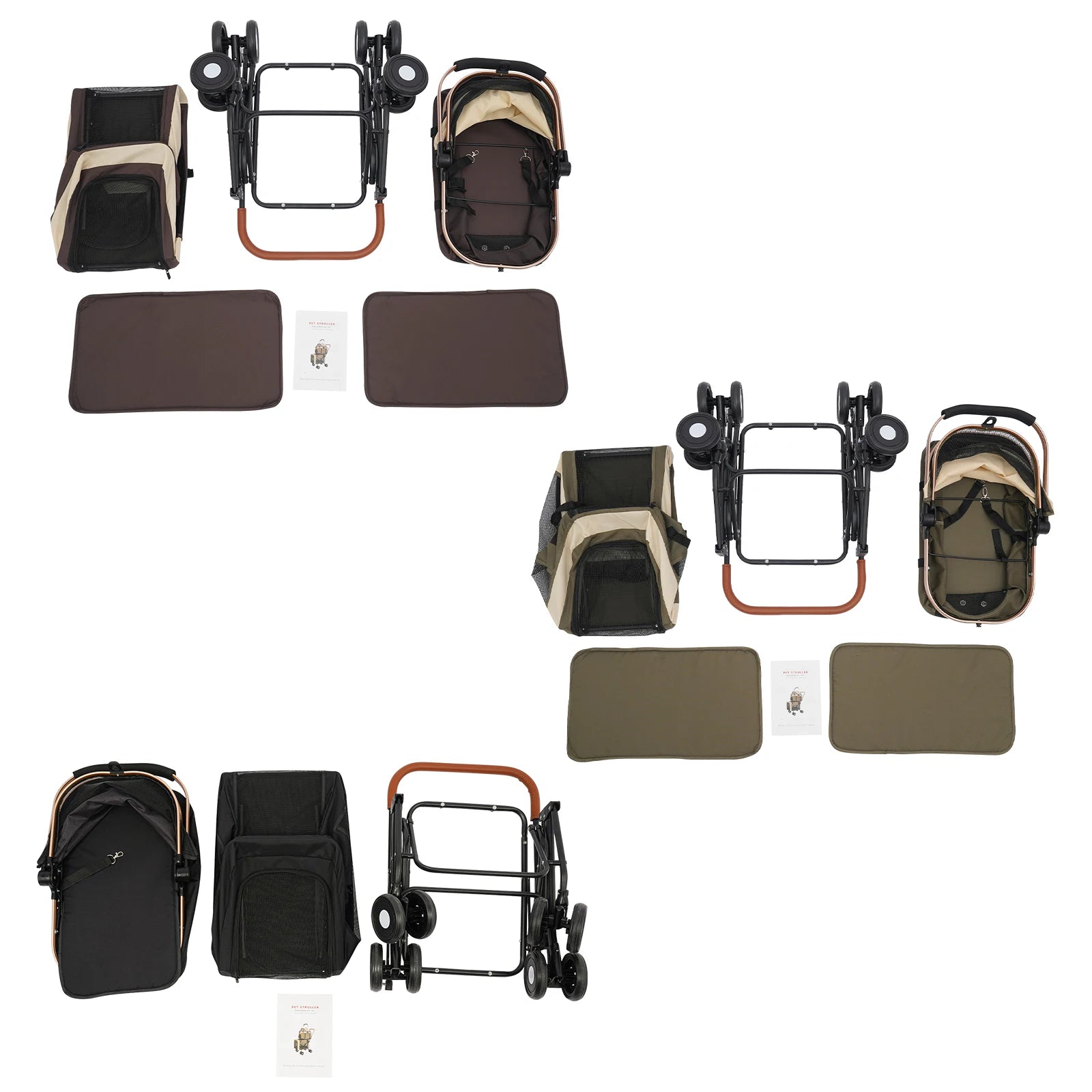 Collection of various stroller parts and accessories on a white background