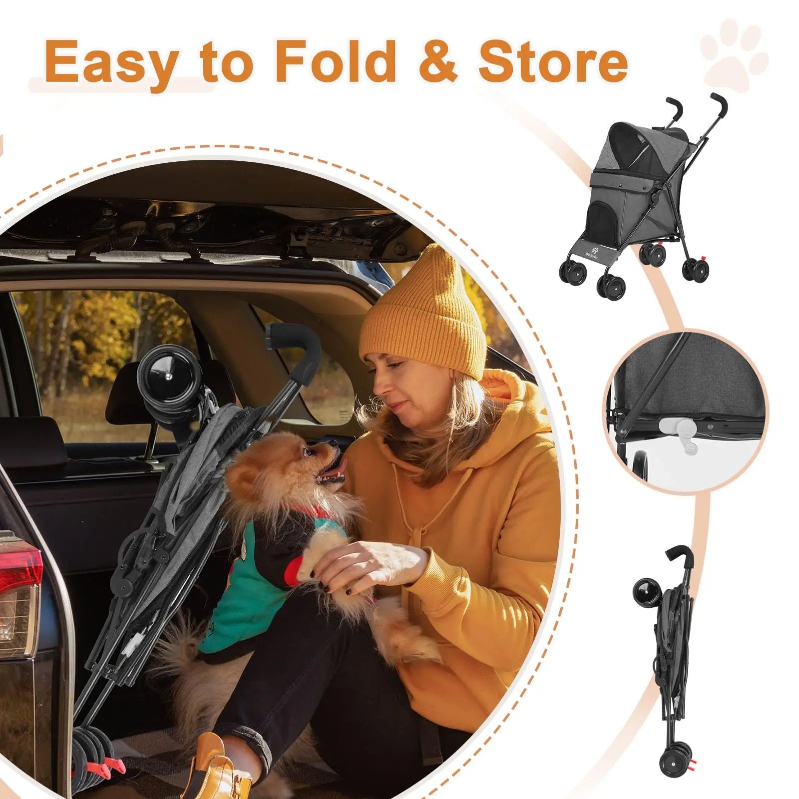 Woman with a dog using a pet stroller in a car, with text 'Easy to Fold & Store' and images of the stroller folded.