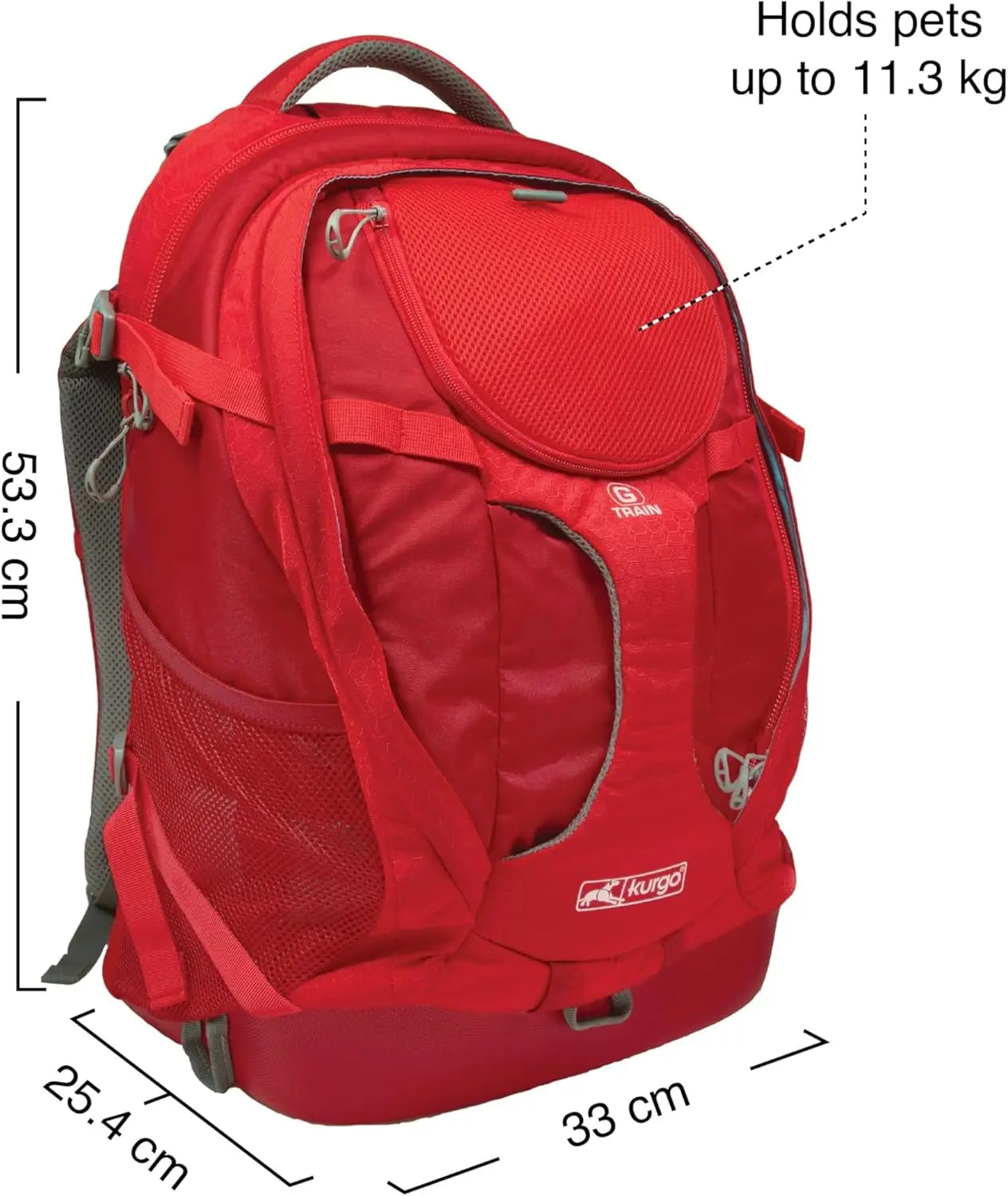 Red backpack with measurements and pet capacity text on a white background