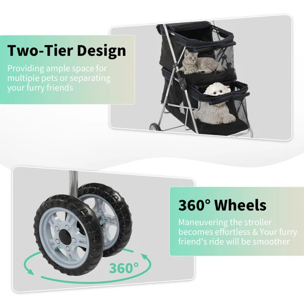 Pet stroller with two-tier design and 360-degree wheels on a white background