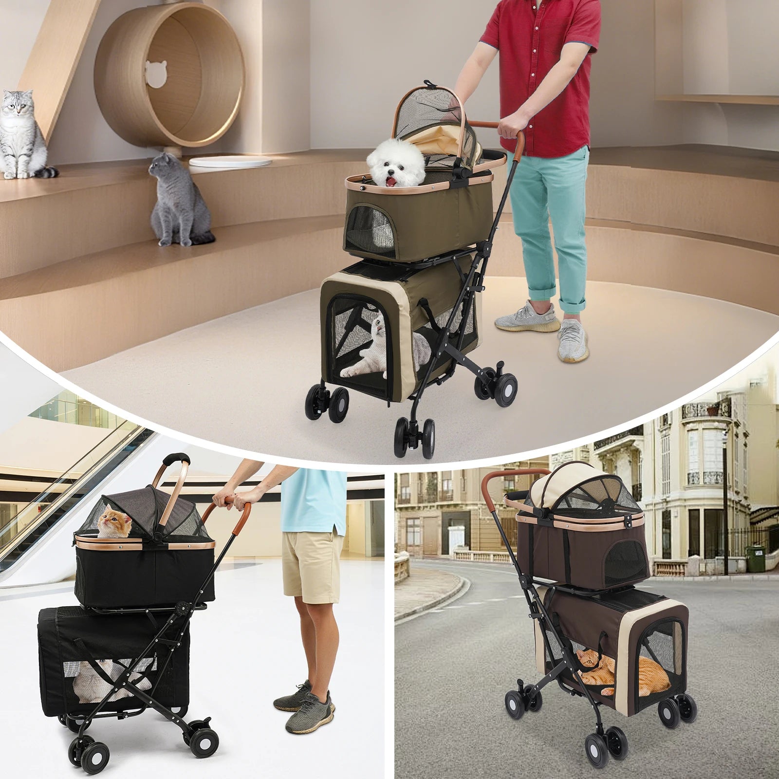 Pet stroller with a small dog being pushed, used indoors and outdoors.